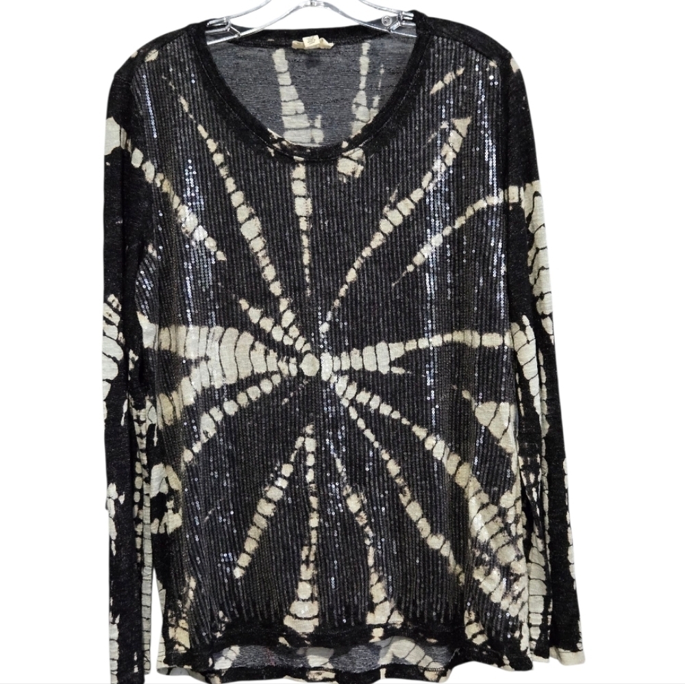 Tribal Black and White Sequin Long Sleeve Top, Large
